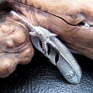 Solid 925 Sterling Silver Eagle Claw & Feather Slide Pendant – Native-Style Hawk